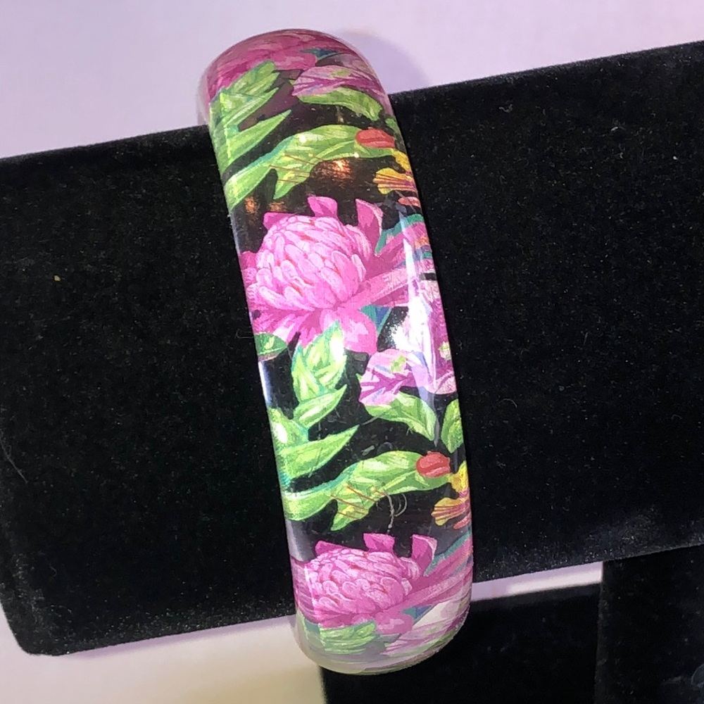 Floral Pink & Green Resin Bangle Bracelet
